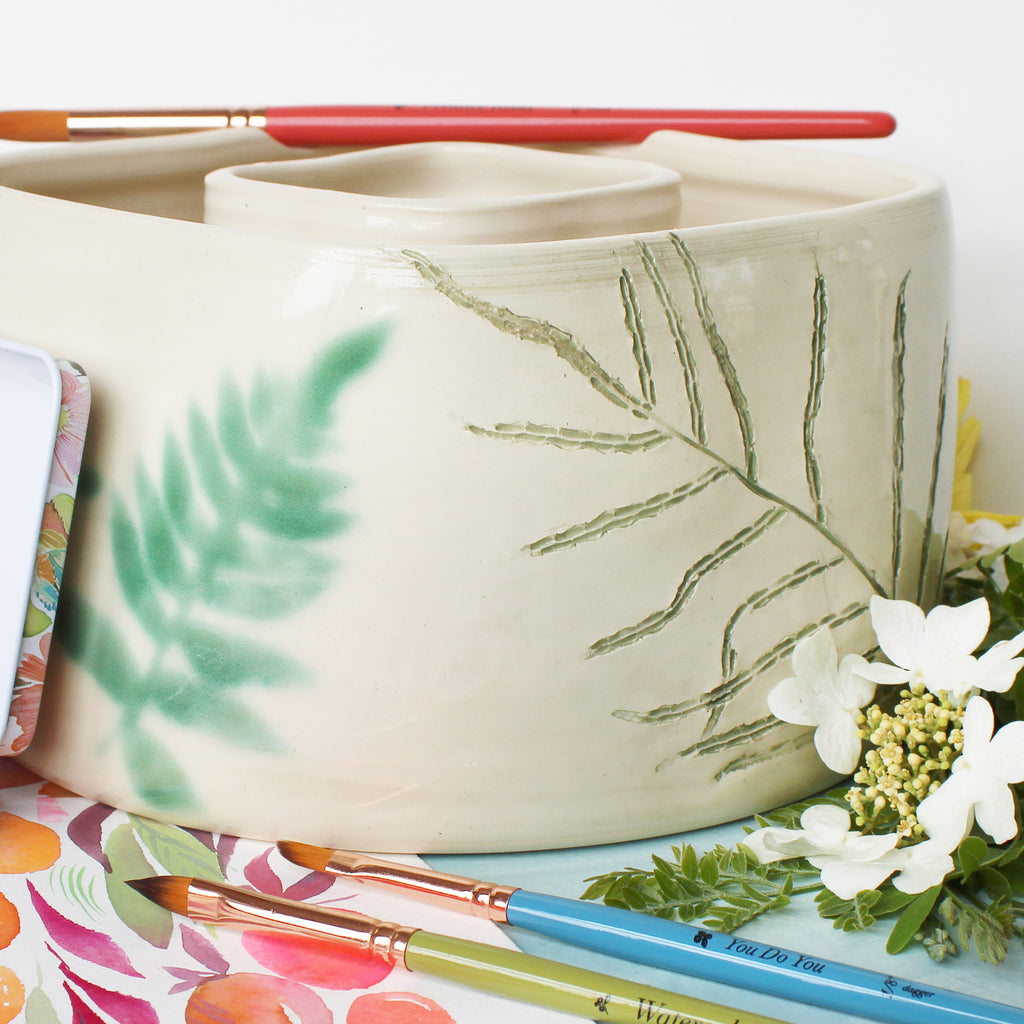 Ceramic Double Well Painter's Pot - Ferns