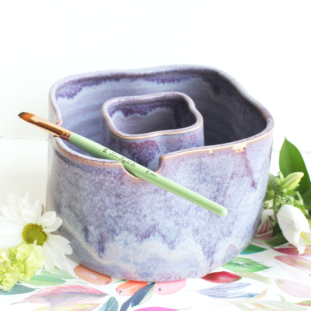 Ceramic Double Well Painter's Pot - Granulating Purple