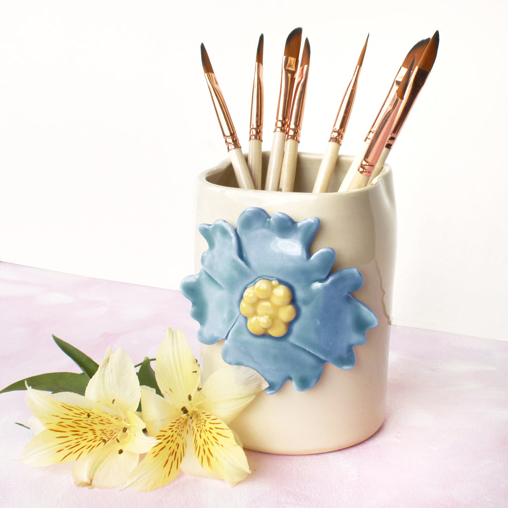 Ceramic Brush Holder - Blue Flower
