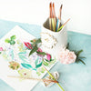 Ceramic Brush Holder - Gold & White Flower