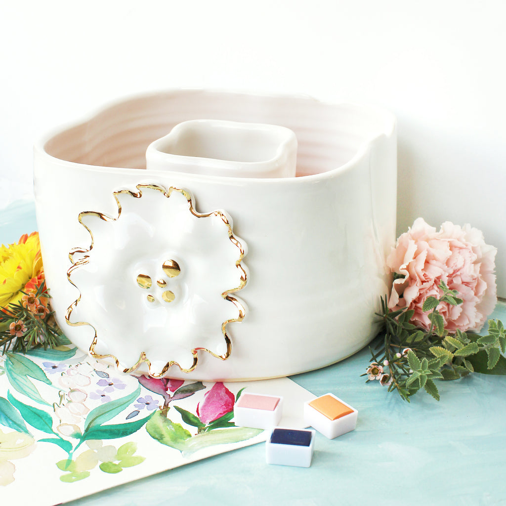 Ceramic Double Well Painter's Pot - Gold & White Flower