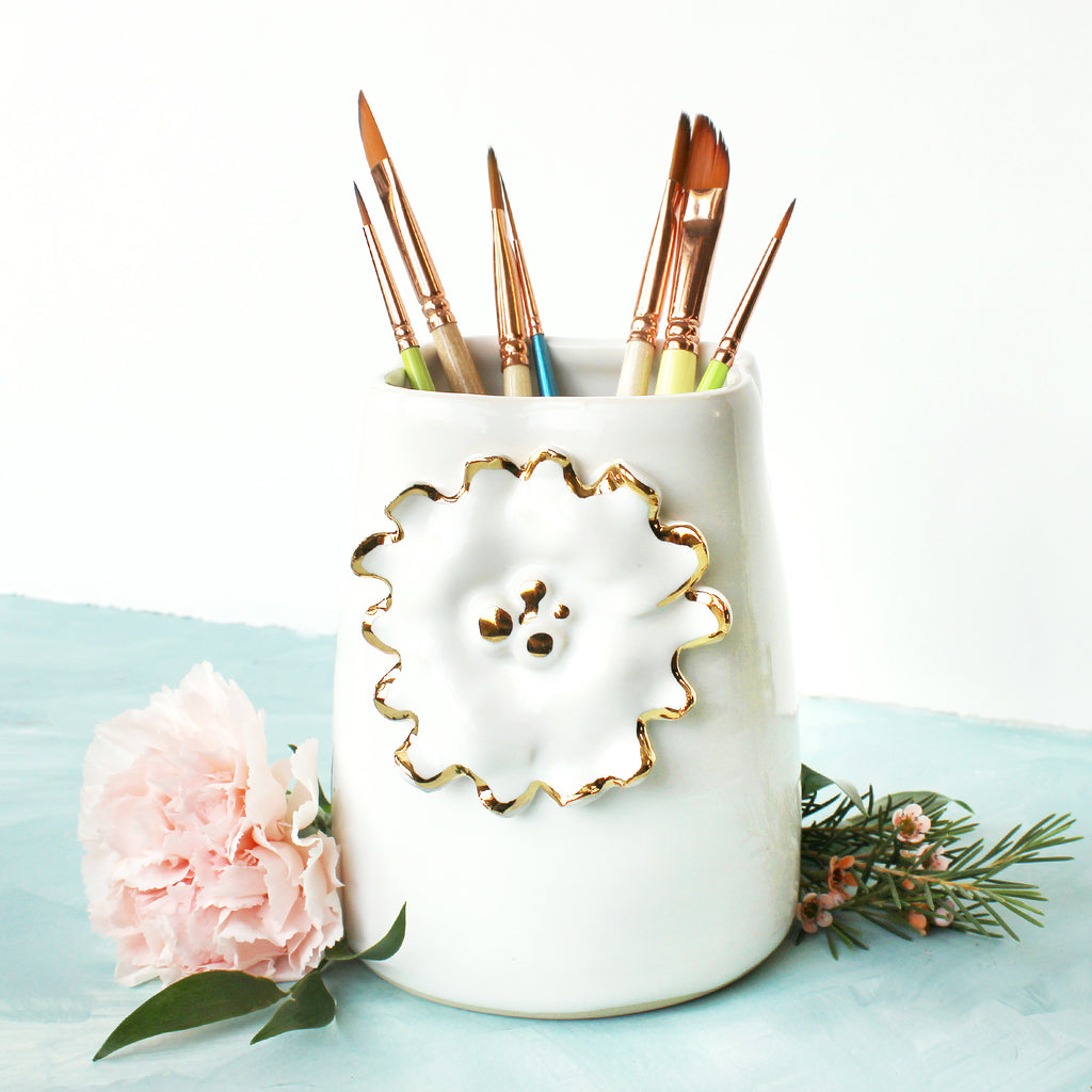 Ceramic Brush Holder - Gold & White Flower