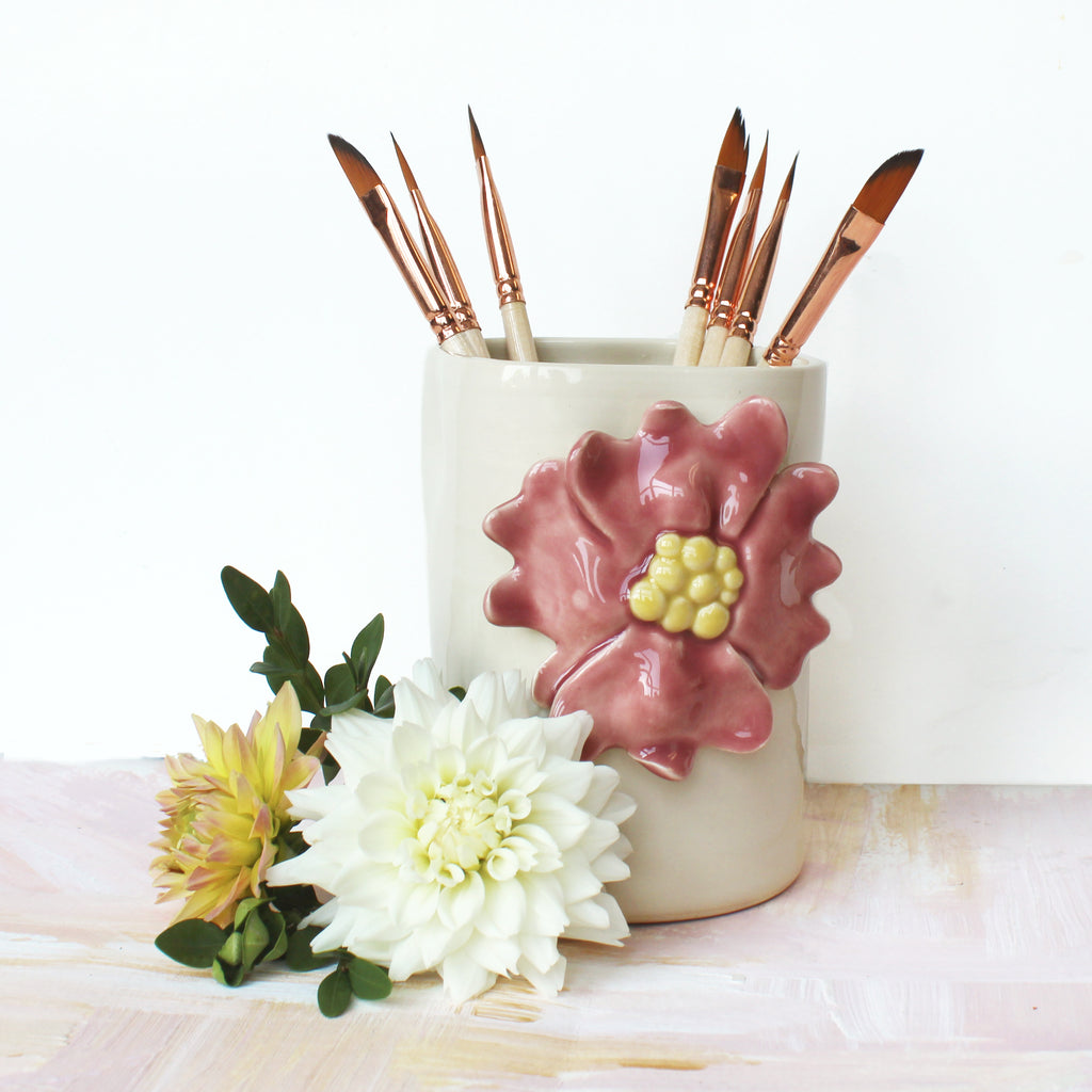 Ceramic Brush Holder - Pink Flower
