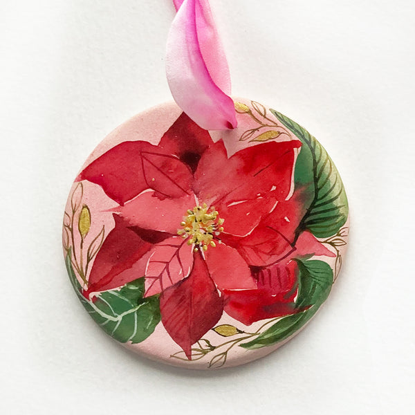 Ceramic Hand Painted Ornament - Poinsettia with Gold