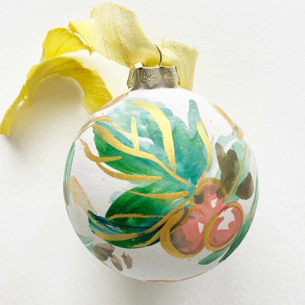 Round Ceramic Hand Painted Ornament - Holly