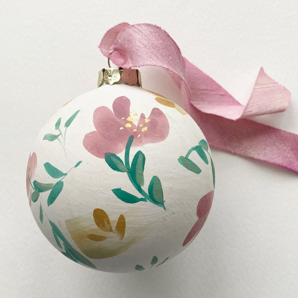 Round Ceramic Hand Painted Ornament - Pink Floral Pattern