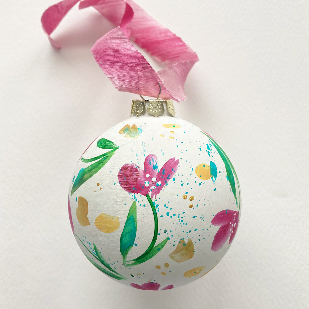 Round Ceramic Hand Painted Ornament - Purple Floral Pattern