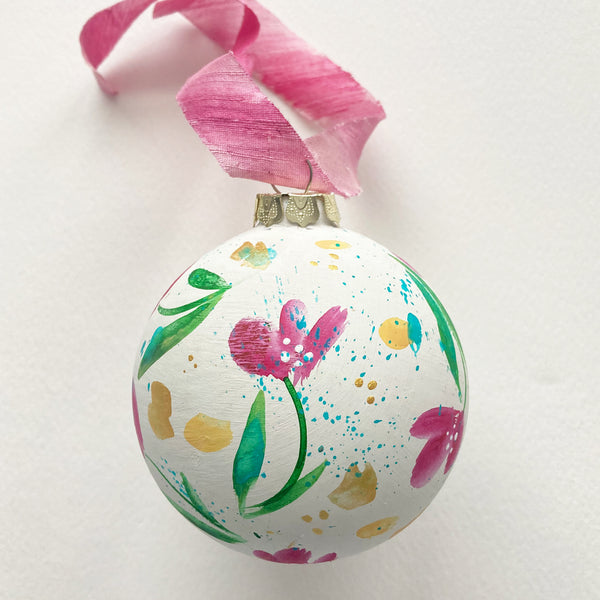 Round Ceramic Hand Painted Ornament - Purple Floral Pattern