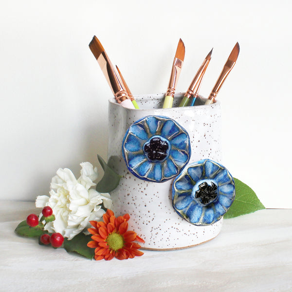 Ceramic Brush Holder - Blue Poppies