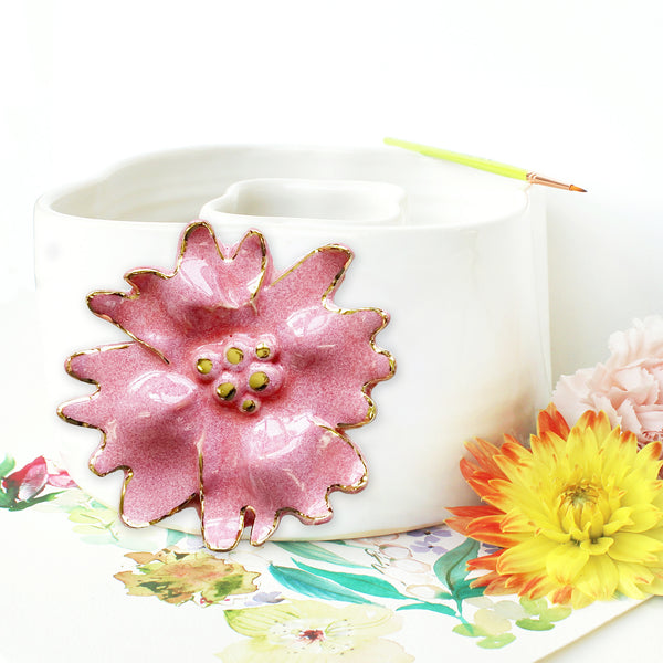 Ceramic Double Well Painter's Pot - Pink & Gold Flower
