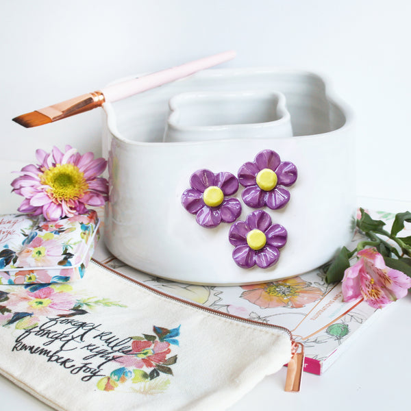 Ceramic Double Well Painter's Pot - Purple Flowers